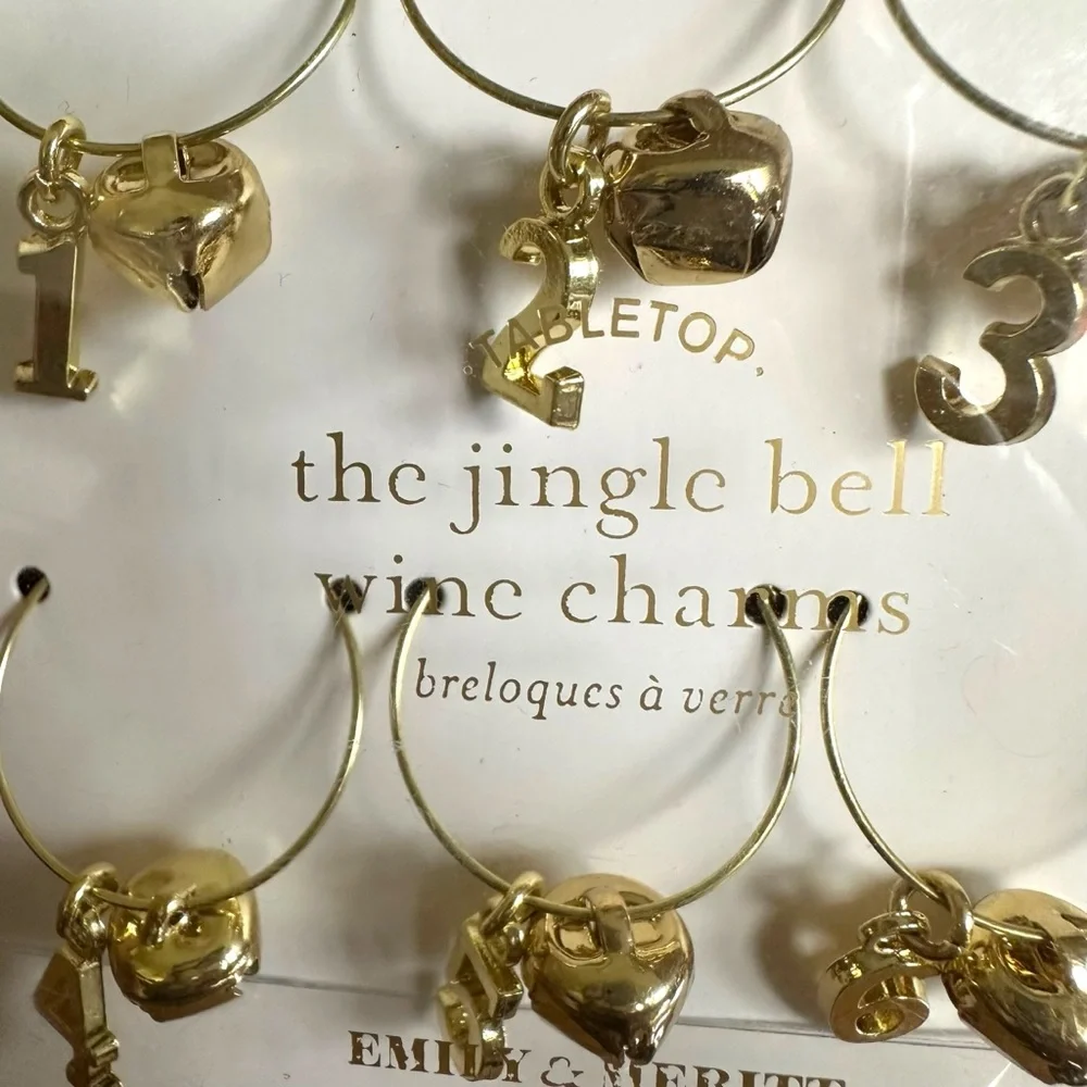 NIB Pottery Barn Emily + Merit Gold Tabletop The Jingle Bells Wine Charms Set